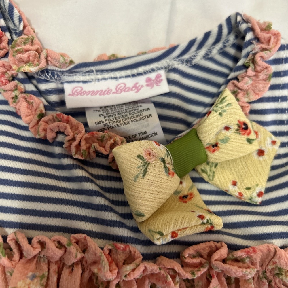 Bonnie Baby Flare Navy Striped Tulle Bow Dress Floral 3-6M Sleeveless - Picture 2 of 5